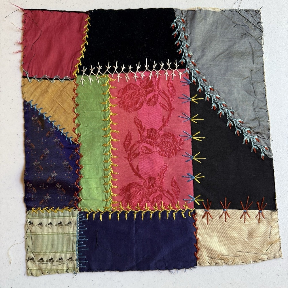Antique Victorian Crazy Quilt Block Silk Velvet Floral Brocade Embroidered 12x12